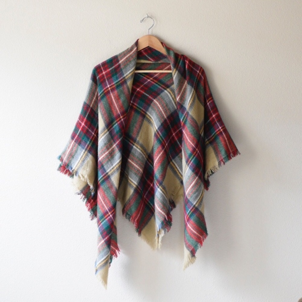Plaid blanket scarf with fringe